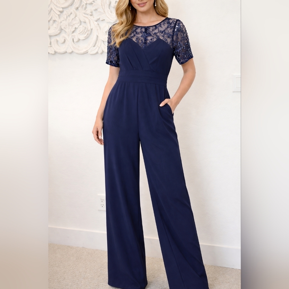 JS Collections Navy Formal Wide-Leg Palazoo Jumpsuit Women's Size 8 NWT